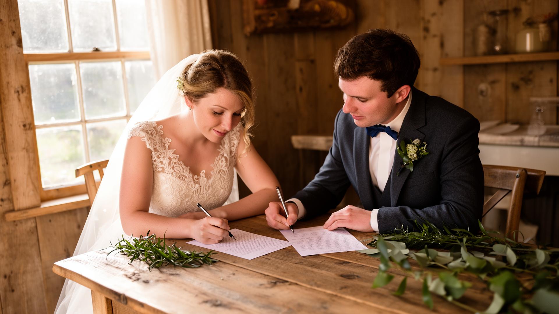 Bride and groom in an Irish cottage writing personal wedding vows at a wooden farmhouse table