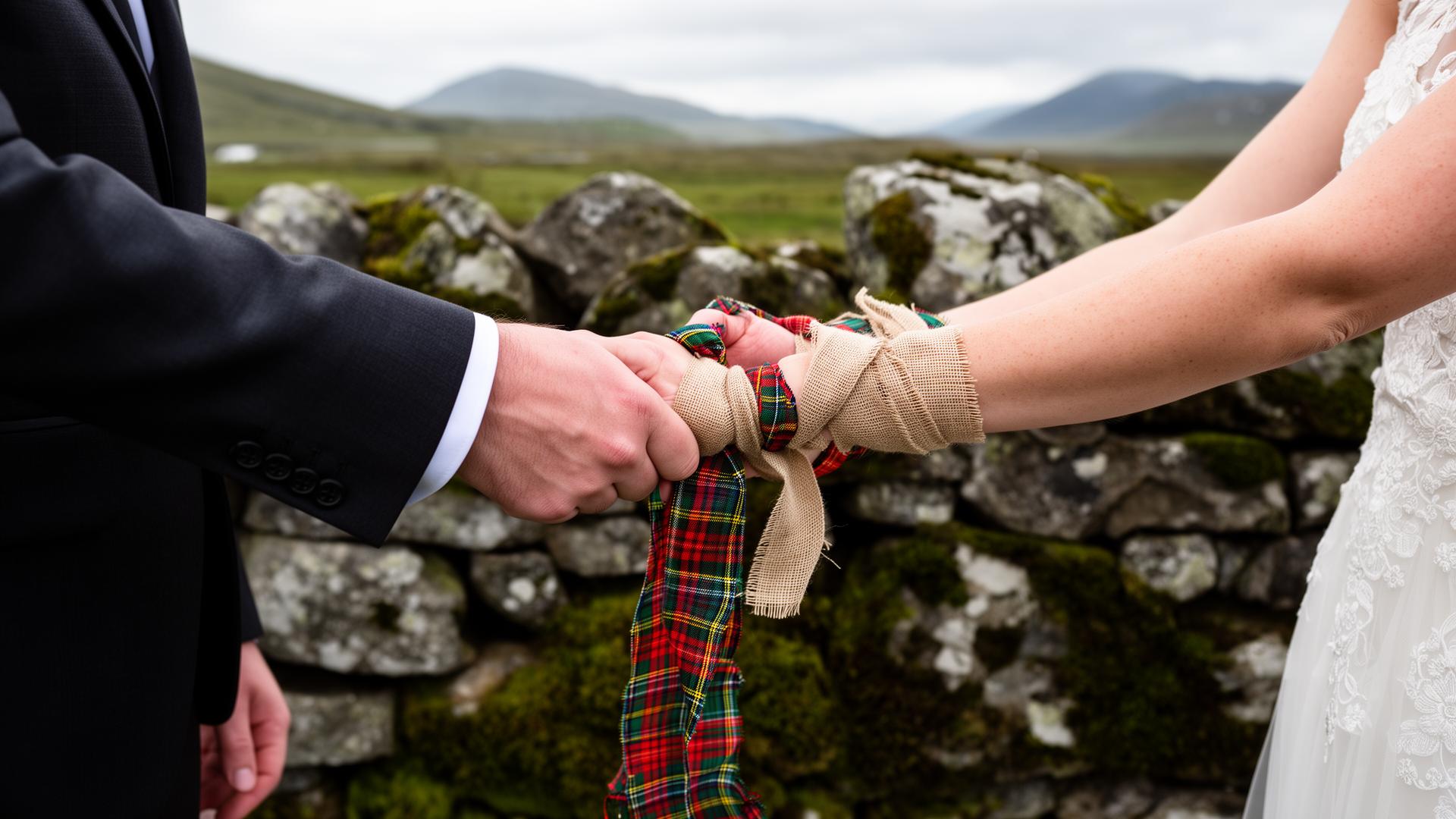 Hands of an Irish couple bound together with tartan and linen handfasting ribbons over a mossy stone wall in Connemara