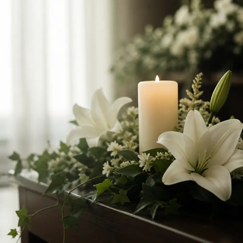 Lit candle with white lilies and ivy in a peaceful memorial setting