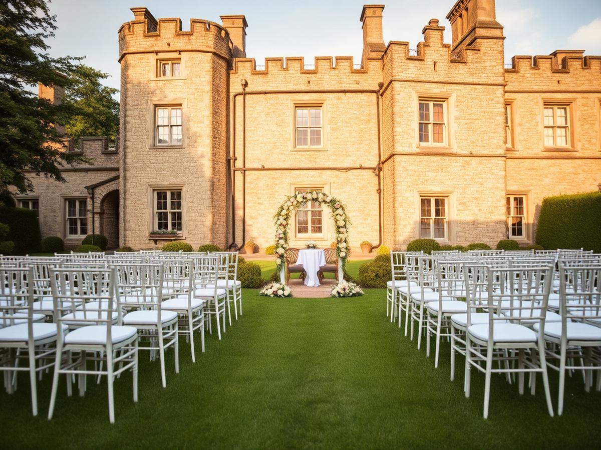 Outdoor Irish wedding ceremony in the grounds of a historic castle, guests seated with candles in lanterns