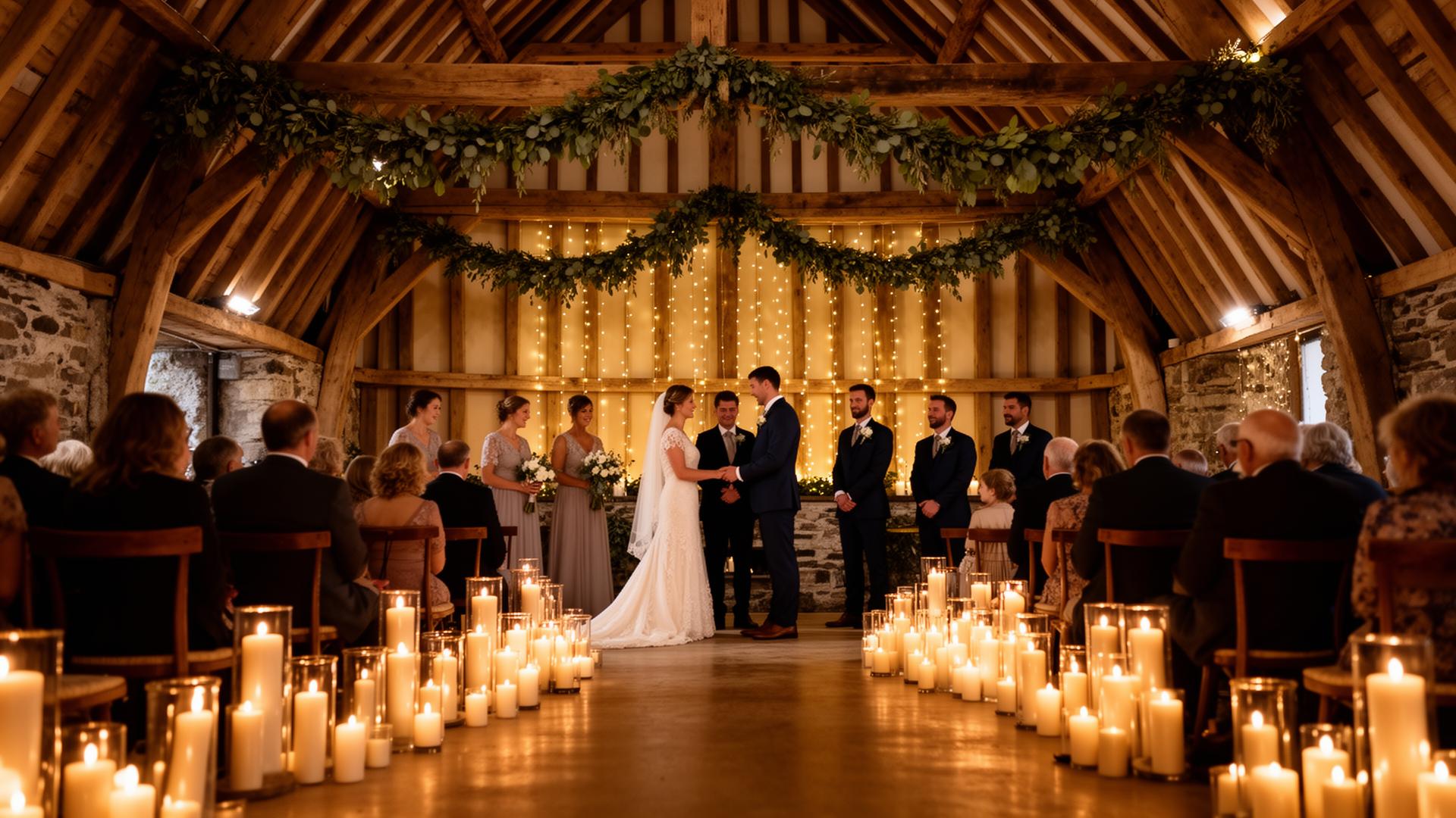 Intimate candle-lit Irish barn wedding ceremony with a couple and a small group of guests surrounded by hundreds of candles