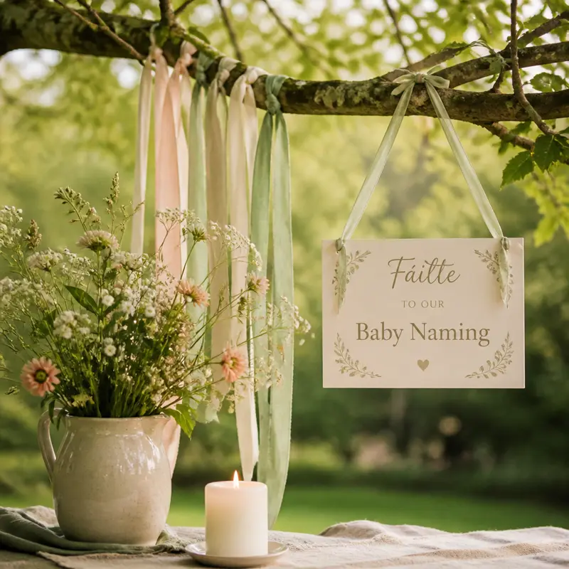 Pastel ribbons, wildflowers and a candle in a garden baby naming scene
