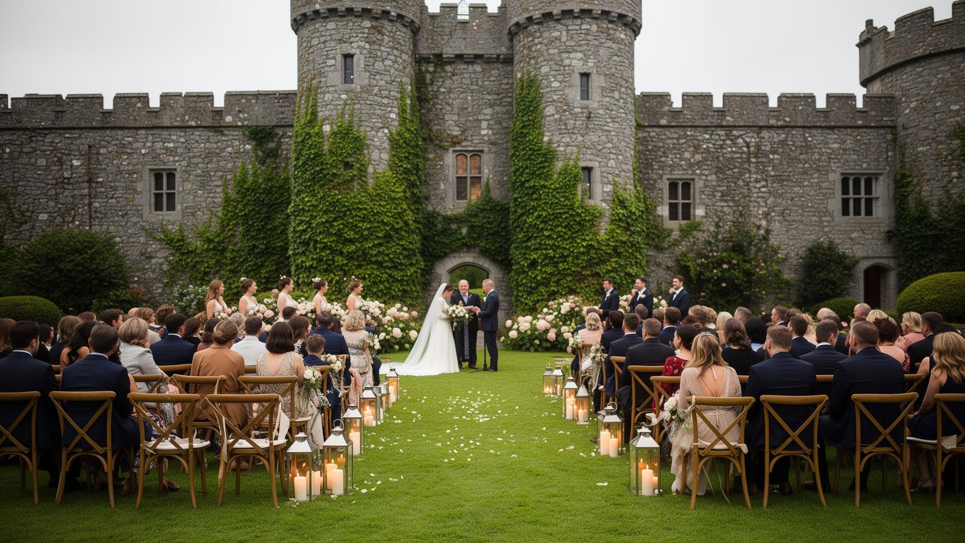 Outdoor Irish wedding ceremony in the grounds of a historic castle, guests seated with candles in lanterns